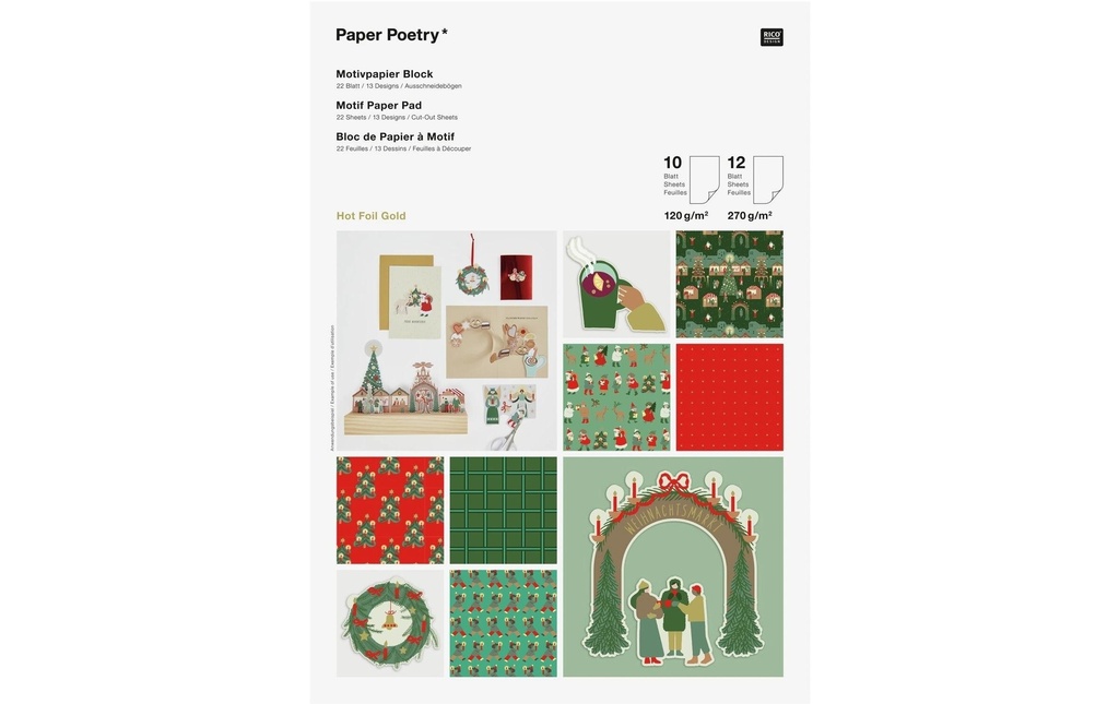 Rico Design Bloc de papier à motifs Marché de Noël 22 feuilles, 120-270 g/m