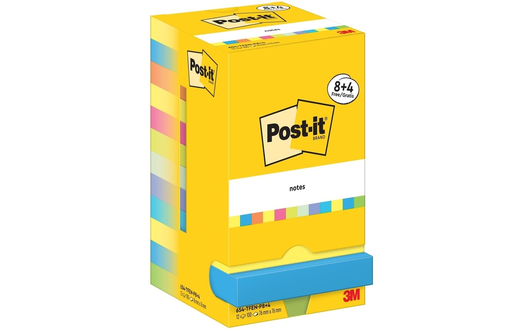 Post-it Fiche de bloc-notes Super Sticky 76 x 76 mm, Multicolore, 12 blocs