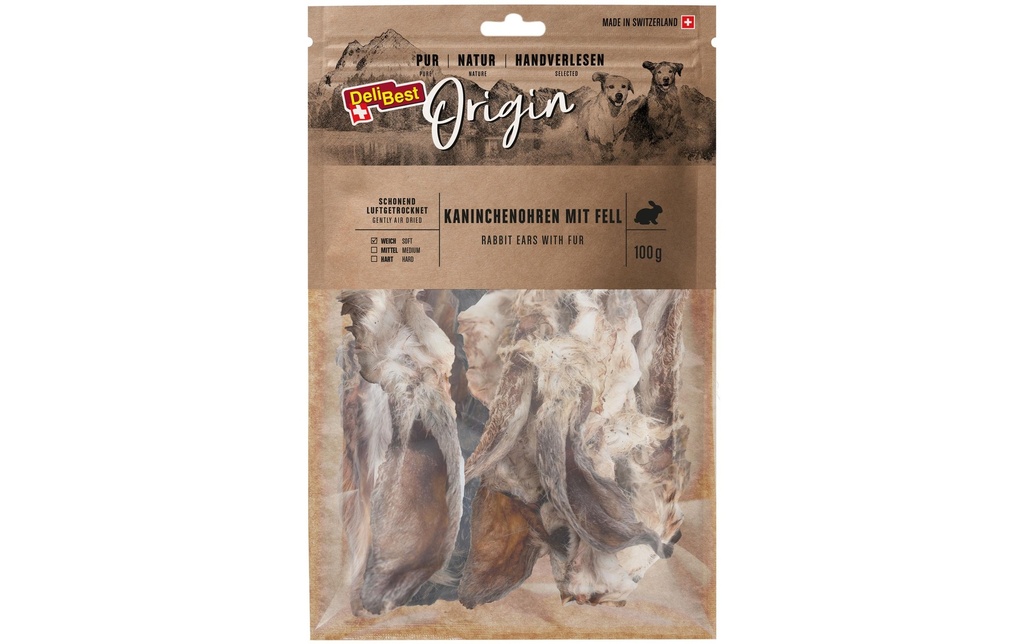 DeliBest Produit à mâcher  Oreilles de lapin originales avec fourrure 100 g
