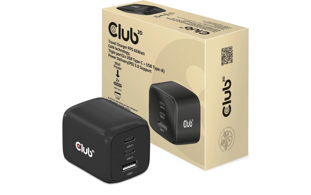 Club 3D Chargeur mural USB PPS 65Watt Technologie GAN CAC-1913