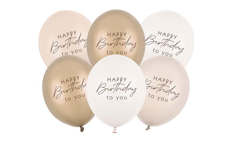 Partydeco Ballon de baudruche Happy Birthday, Beige, 30 cm, 6 pièces