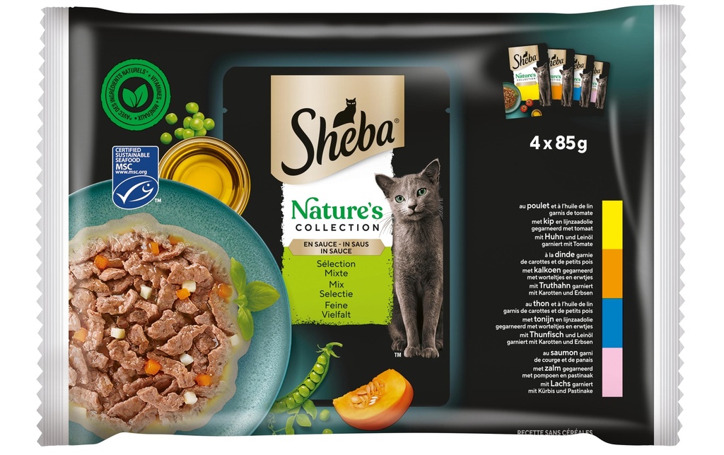 Sheba Alimentation humide Sauce Natures Collection – Une diversité raffinée, 4x85 g