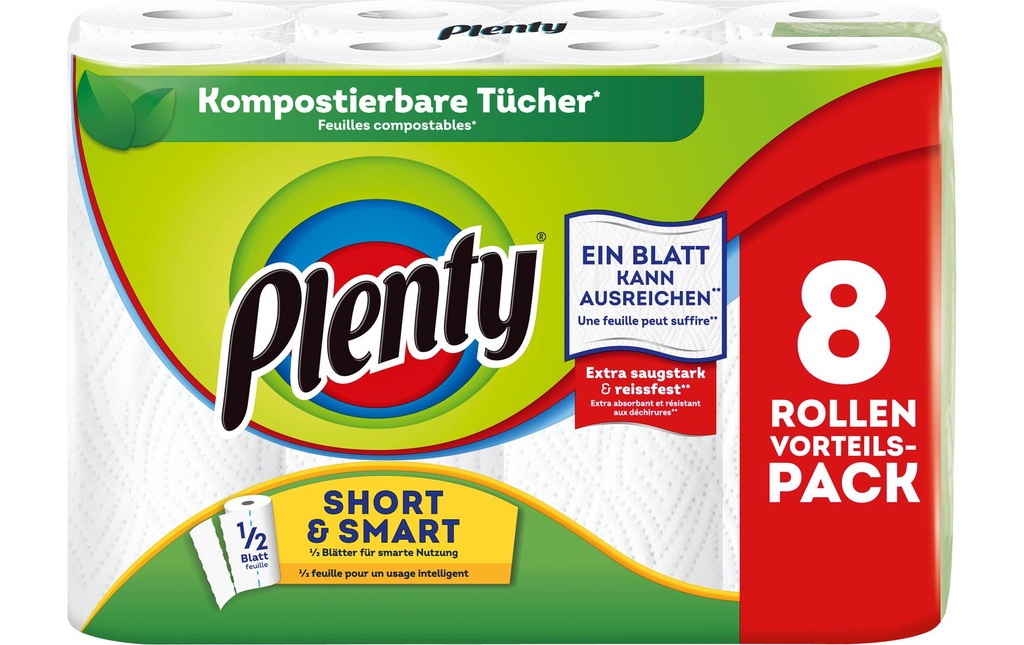 Plenty Papier absorbant Short & Smart 8 rouleaux de 74 feuilles