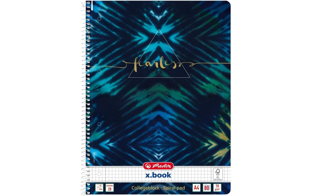 Herlitz Bloc-notes à spirale Nouveau Baltik Fearless Quadrillé, 80 feuilles, A4