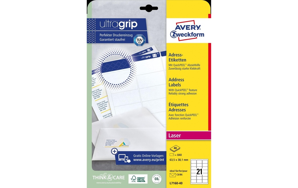 Avery Zweckform Étiquettes d’adresse Ultragrip 63.5 x 38.1 mm, 40 feuille
