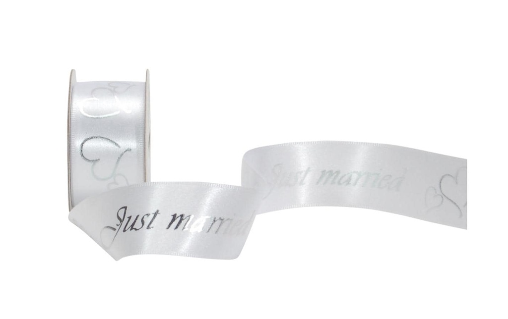 Spyk Ruban cadeau Cubino Just Married 25 mm x 3 m, Argenté/Blanc