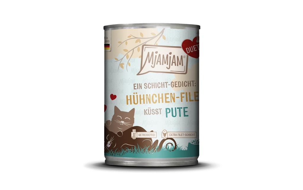 Mjamjam Alimentation humide Duo poulet-filet embrasse dinde, 390 g
