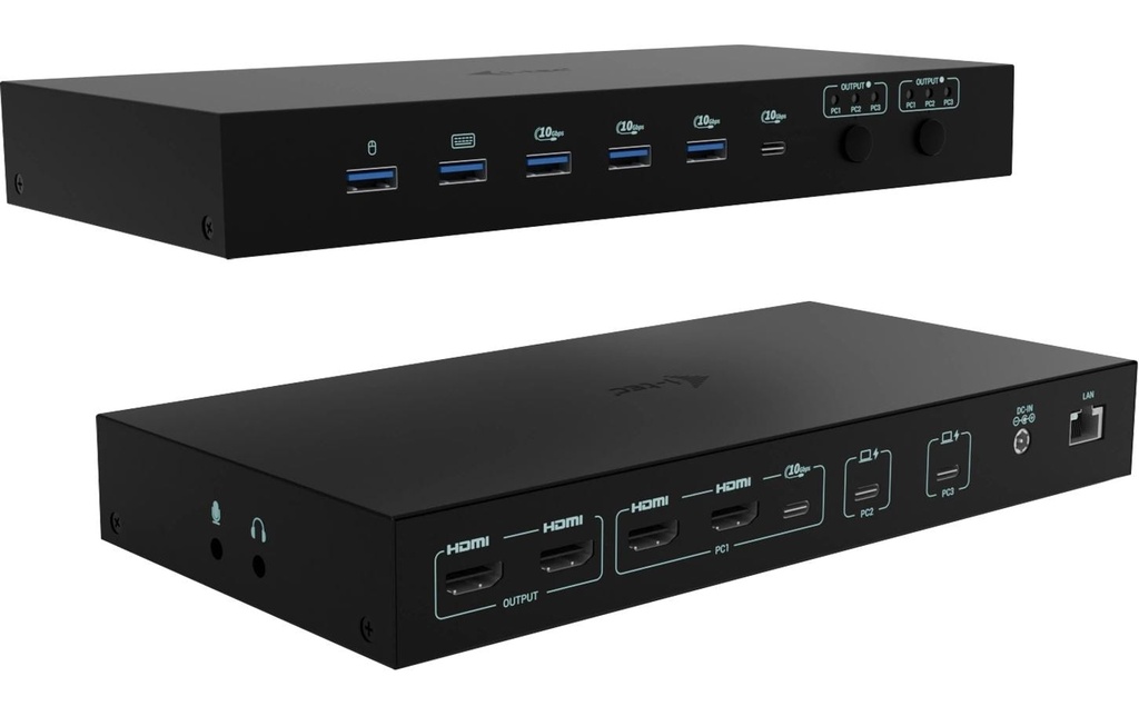 i-tec Station d'accueil USB-C KVM Dock PRO Trois hôtes, double vidéo, 2x PD max 92W