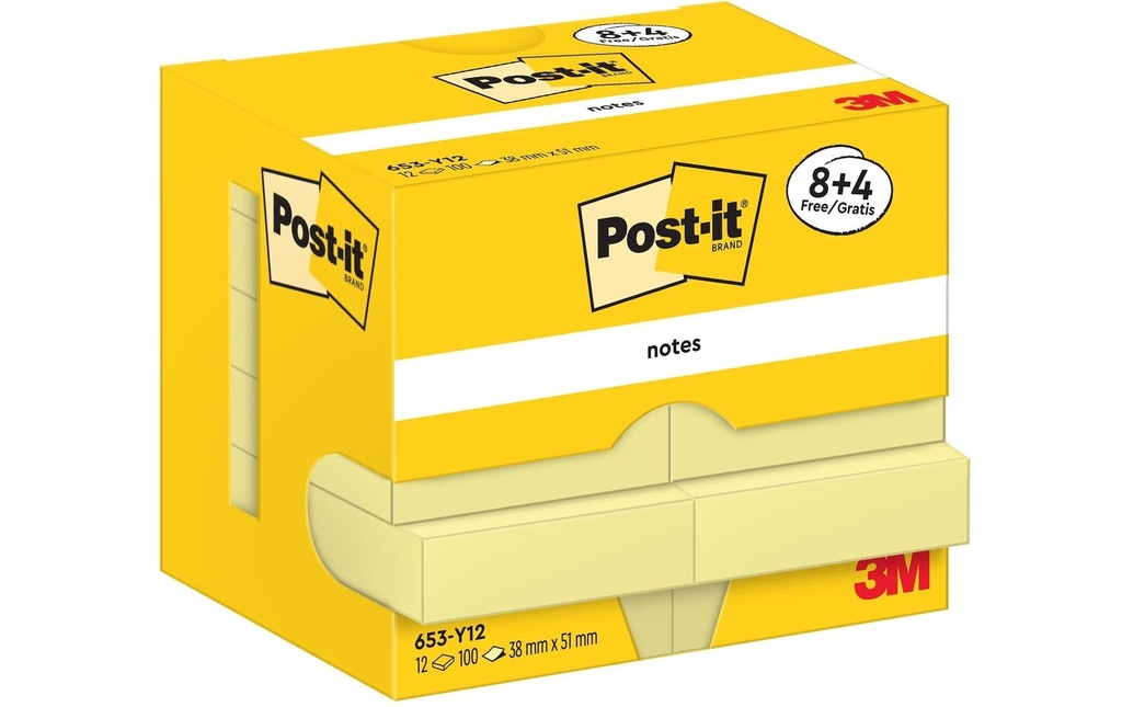 Post-it Fiche de bloc-notes 51 x 38 mm, Jaune, 12 blocs