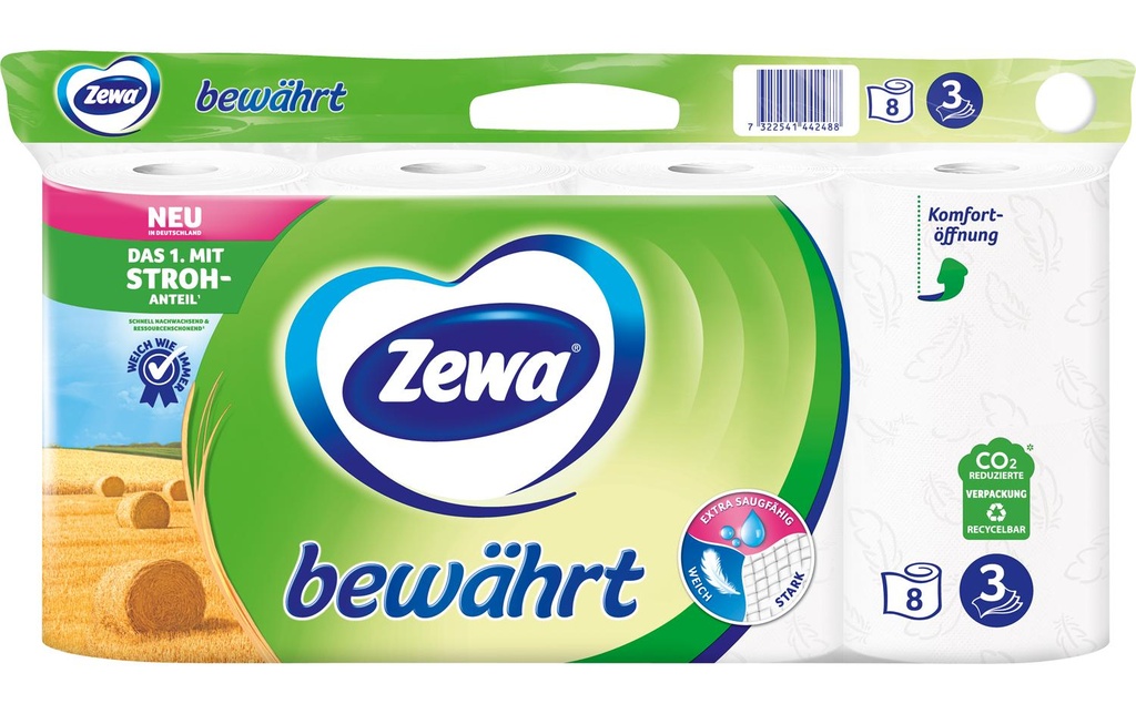 Zewa Papier toilette Bewährt avec de la pâte de paille blanc, 8 rouleaux