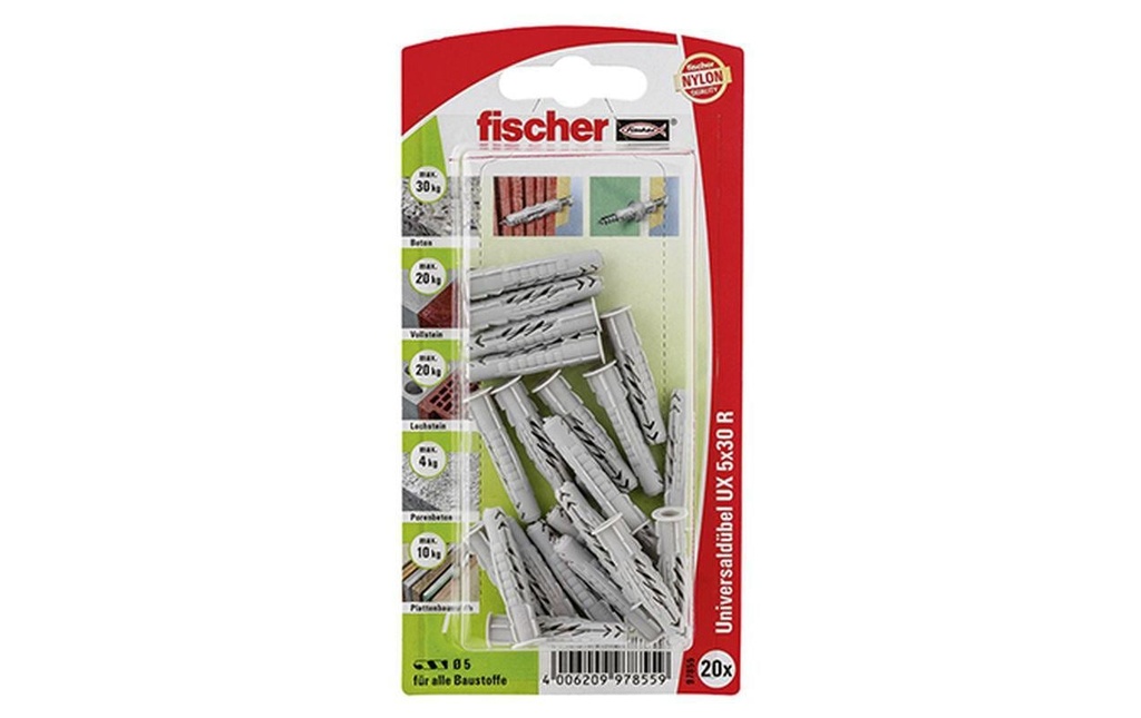 Fischer Cheville universelle  UX 5 x 30 R avec bord, 20 pièces