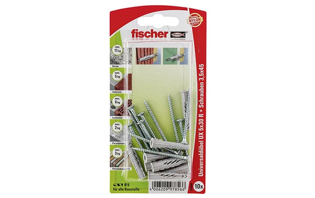 Fischer Cheville universelle  UX 5 x 30 R S avec bord, 10 pièces