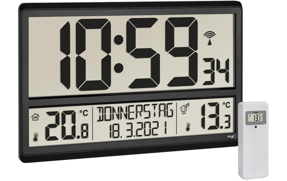 TFA Dostmann Horloge murale radio XL avec température extérieure et intérieure Noir