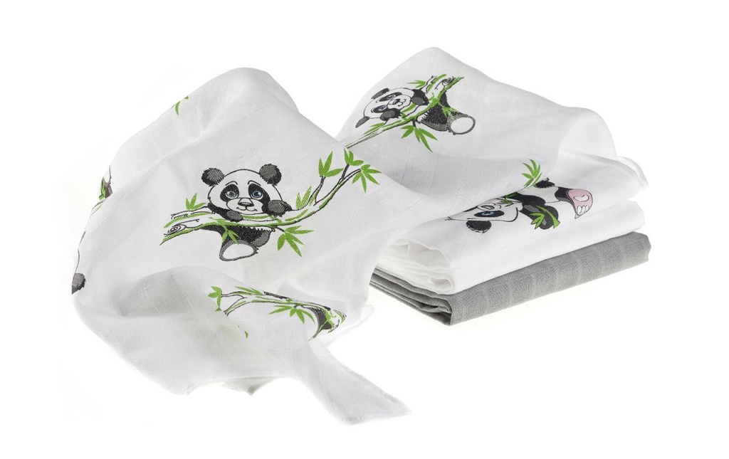 MAKIAN Serviette en gaze 4-er Set 70 x 70 cm Panda vert et blanc