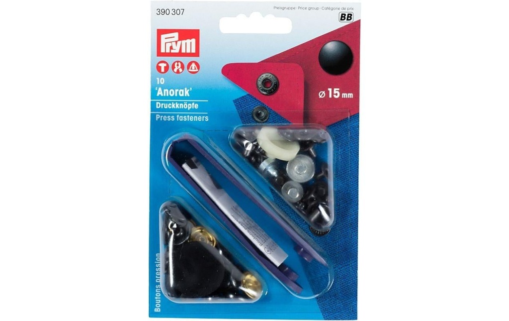 Prym Boutons poussoirs Anorak noir, 15 mm