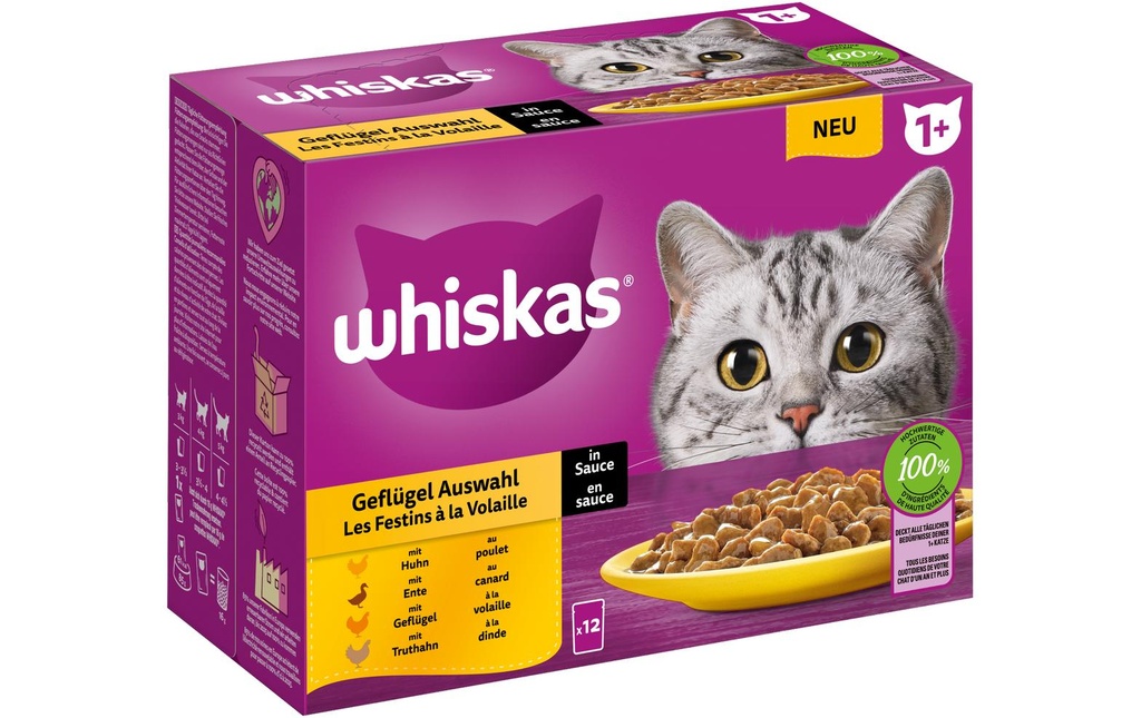 Whiskas Alimentation humide Sélection de volailles en sauce 1+, 12 x 85 g