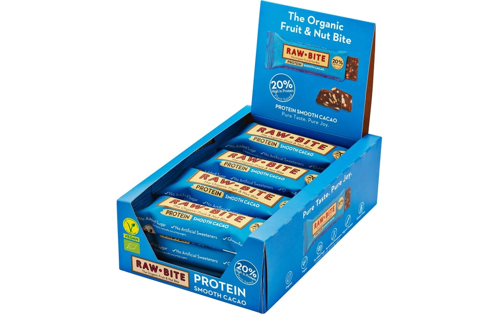 Rawbite Barre de céréales crues Protein Smooth Cacao, 12 x 45g