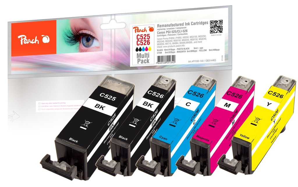 Peach Encre Canon GI-525/CLI-526, Multi-Pack C, M, Y, 2x BK