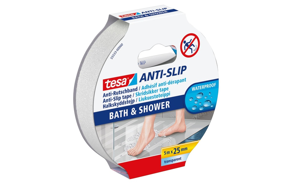 tesa Bande antidérapante Bain et douche, 5 m x 25 mm