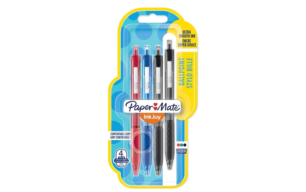 Paper Mate Stylo bille Inkjoy 300 RT 1 mm, Rouge/Bleu/Noir, 4 pièces