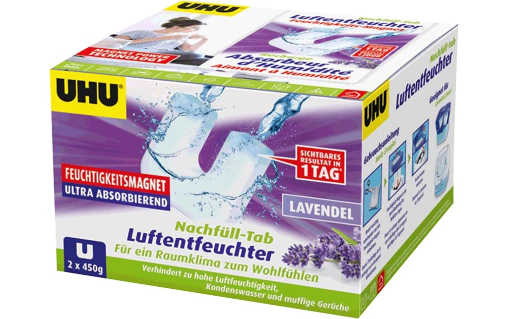 UHU Déshumidificateur Tablette de recharge de lavande 450 g, 2 pièces