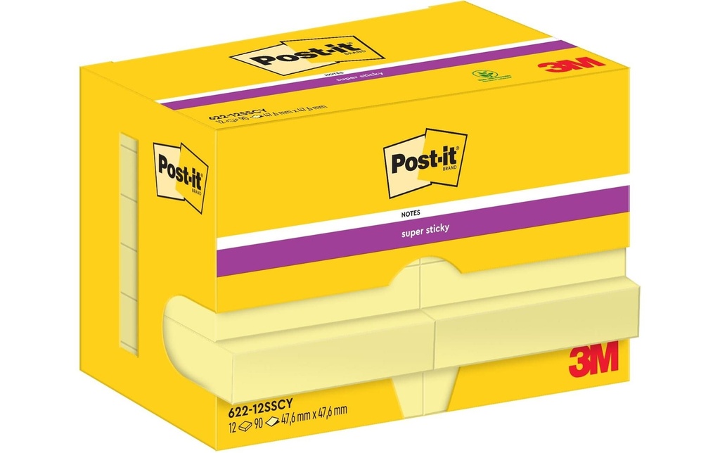 Post-it Fiche de bloc-notes Super Sticky 47 x 47 mm, Jaune, 12 blocs