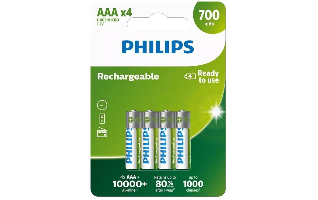 Philips Batterie Rechargeable NiMH AAA 700 mAh, 4 Pièce/s