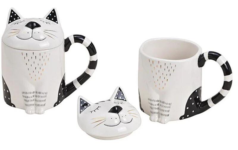 G. Wurm Tasse universelle Chat avec couvercle 300 ml, Doré/Noir/Blanc