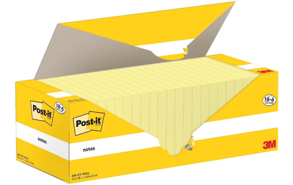 Post-it Fiche de bloc-notes 3M, 76 x 76 mm, 18+6 blocs, jaune