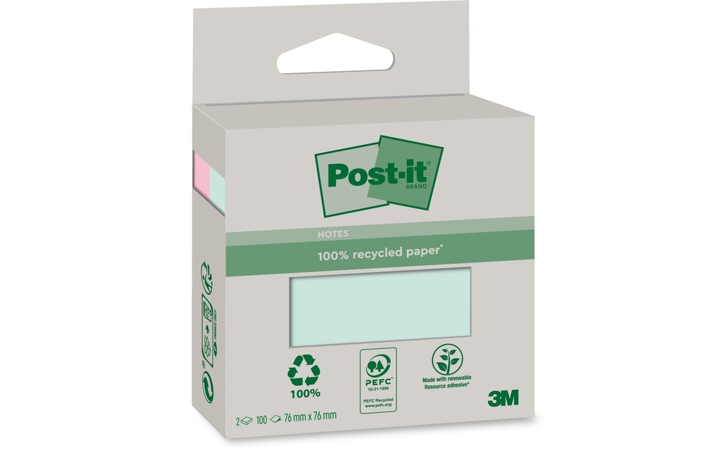 Post-it Fiche de bloc-notes Recycling Notes 7,6 x 7,6 cm, Bleu