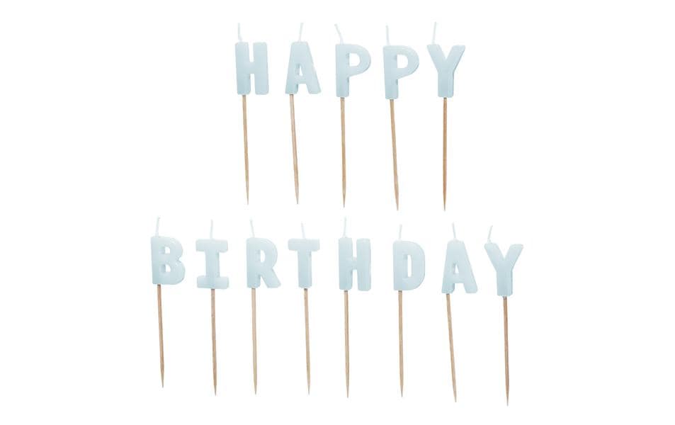 Partydeco Bougie Happy Birthday, Bleu clair, H 2.5 cm, 13 pièces