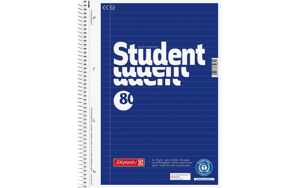 Brunnen Bloc-notes de collège A4 Recycling A4, ligné, 80 feuilles