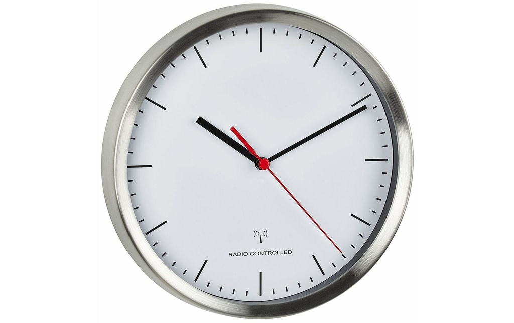 TFA Dostmann Horloge murale radio avec cadre en acier inoxydable Ø 22 cm, Argenté/Blanc