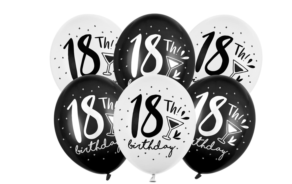 Partydeco Ballon de baudruche 18ème! Anniversaire Noir/Blanc Ø 30 cm, 6 pièces