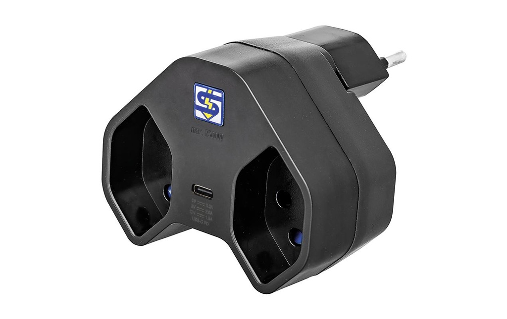 STEFFEN Fiche de branchement 2 x T13 USB-C, Noir, pivotant à 320