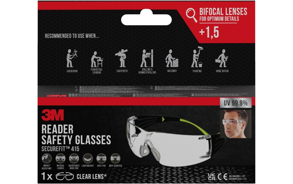 3M Lunettes de protection SecureFit 415 avec +1.5 dioptrie, Transparent