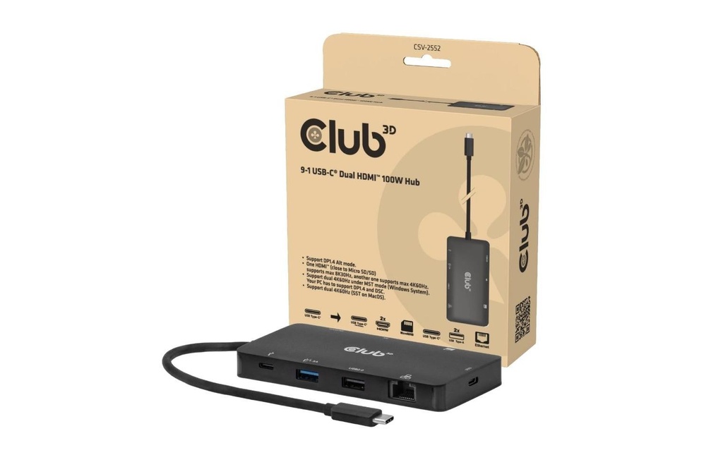 Club 3D Station d'accueil CSV-2552 9-1 Hub USB-C double HDMI 100W