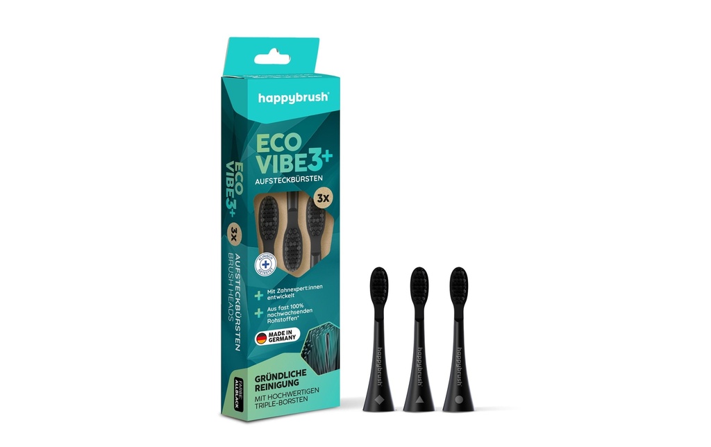 happybrush Tête de brosse à dents Eco Vibe V3+ Black, 3 pièces