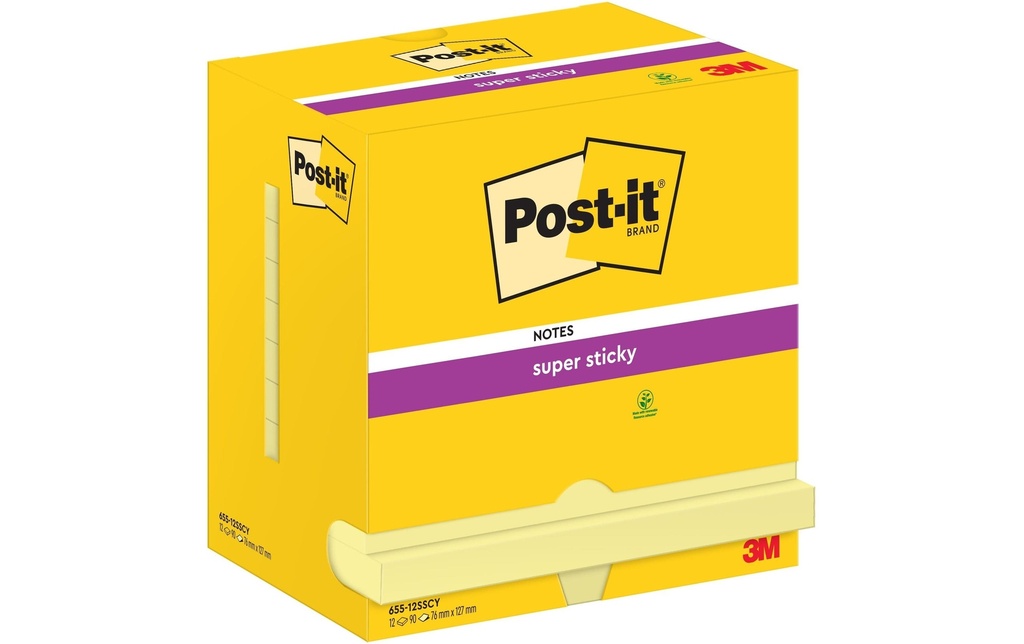 Post-it Fiche de bloc-notes Super Sticky 76 x 127 mm, Jaune, 12 blocs