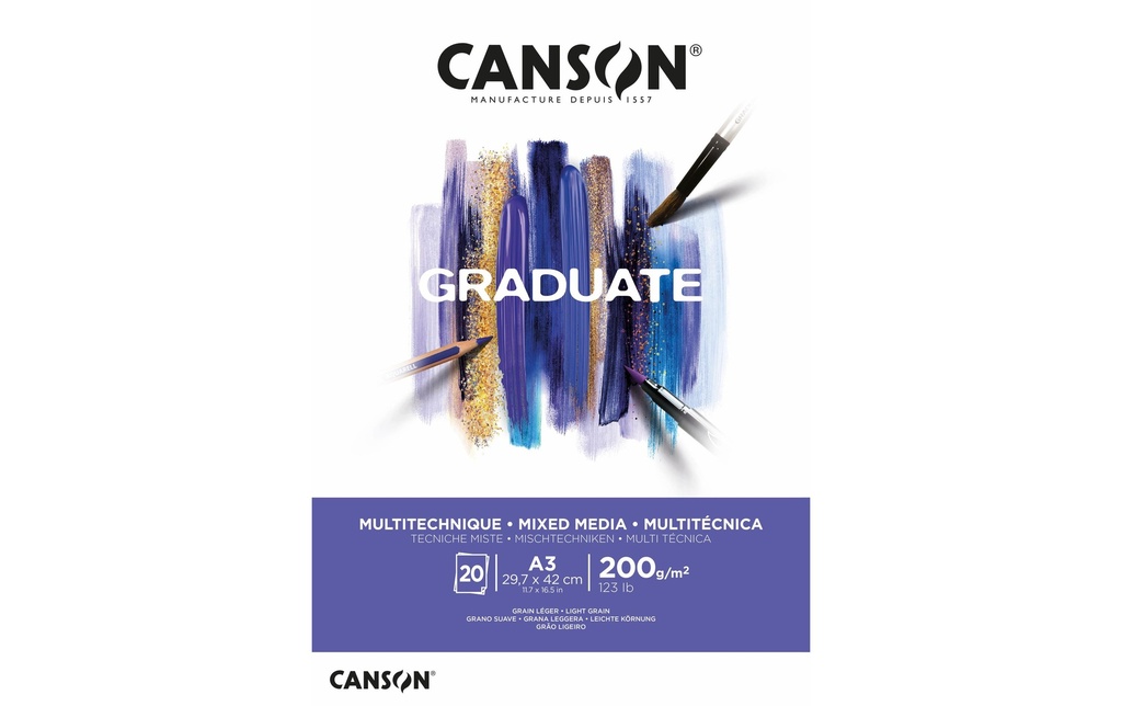 Canson Carnet de dessin Graduate Mixed Media A3, 20 feuilles