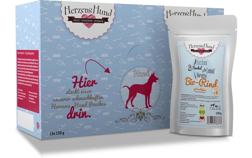 HerzensHund Alimentation humide Bœuf bio sans céréales avec courgettes bio, 130 g