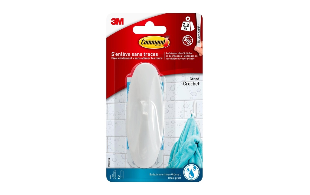Command Crochet adhésif Salle de bain Large Design 2.2 kg, Blanc