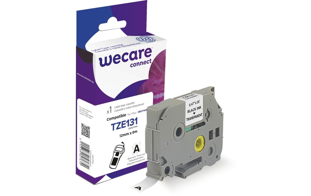 Wecare Ruban d’étiquettes TZE-131WE Noir sur Transparent