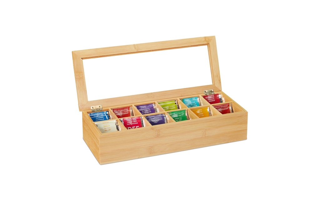 relaxdays Boîte à sachets de thé 12 compartiments, Brun clair
