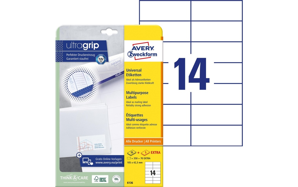 Avery Zweckform Étiquettes universelles 6136, 105 x 42.3 mm, 30 feuille