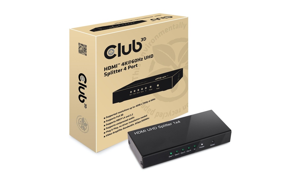 Club 3D Diviseur de signaux à 4 ports HDMI 2.0 UHD Splitter 4 Port