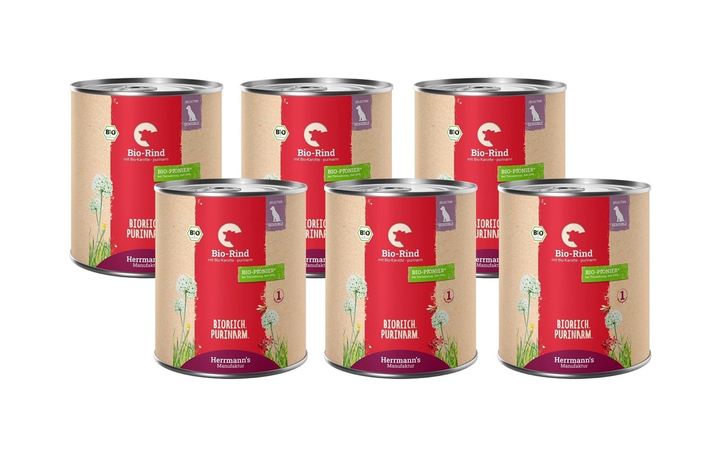 Herrmann's Alimentation humide Bœuf bio aux carottes – pauvre en purines 6 x 800 g