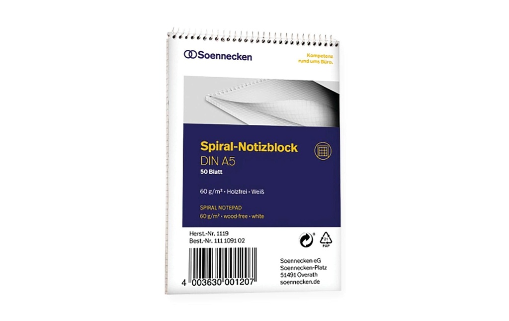 Soennecken Bloc-notes à spirale A5, 50 feuilles, quadrillées