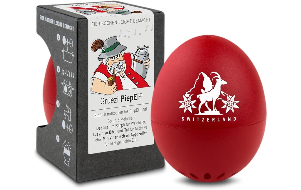 PiepEi Minuteur de cuisine Montre oeuf chantante Grüezi, Rouge / Blanc