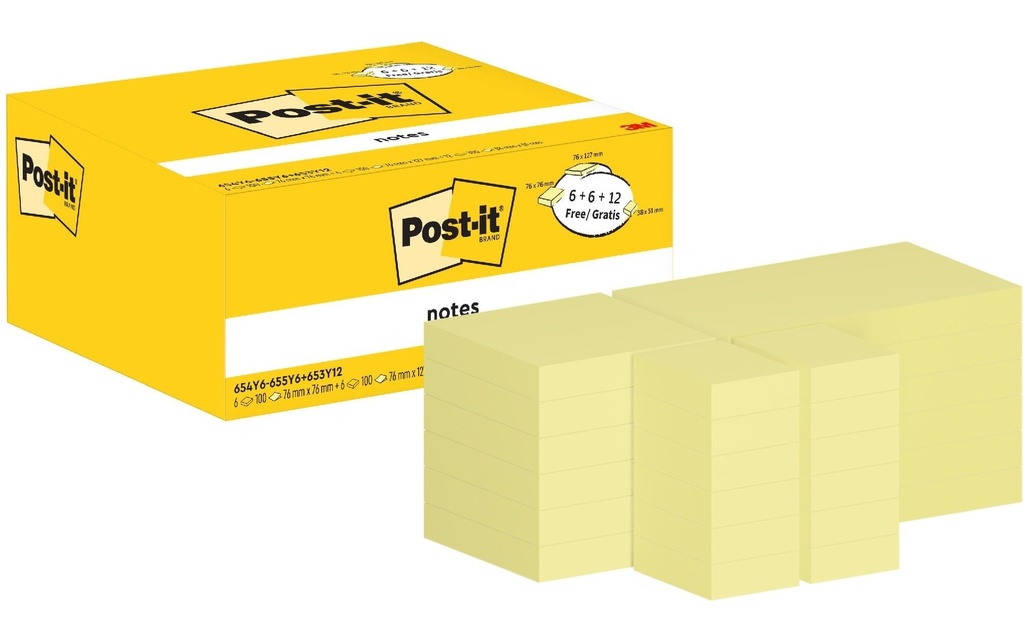 Post-it Fiche de bloc-notes Paquet d'avantages PEFC Jaune, 24 blocs